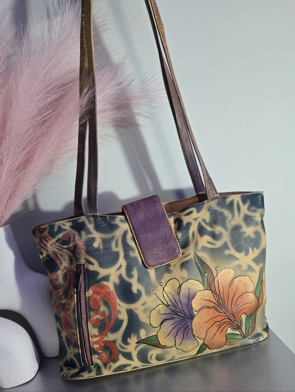Floral Anna by Anuschka Hand-Painted Leather Tote Floral Shoulder Bag - Vintage